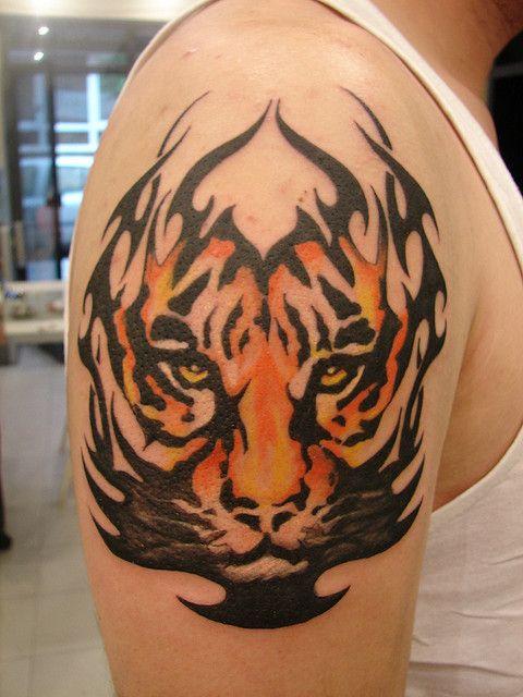 Colored Tribal Tiger Tattoo On Shoulder For Men