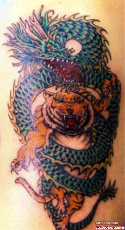 Colorful Dragon & Tiger Tattoo Design