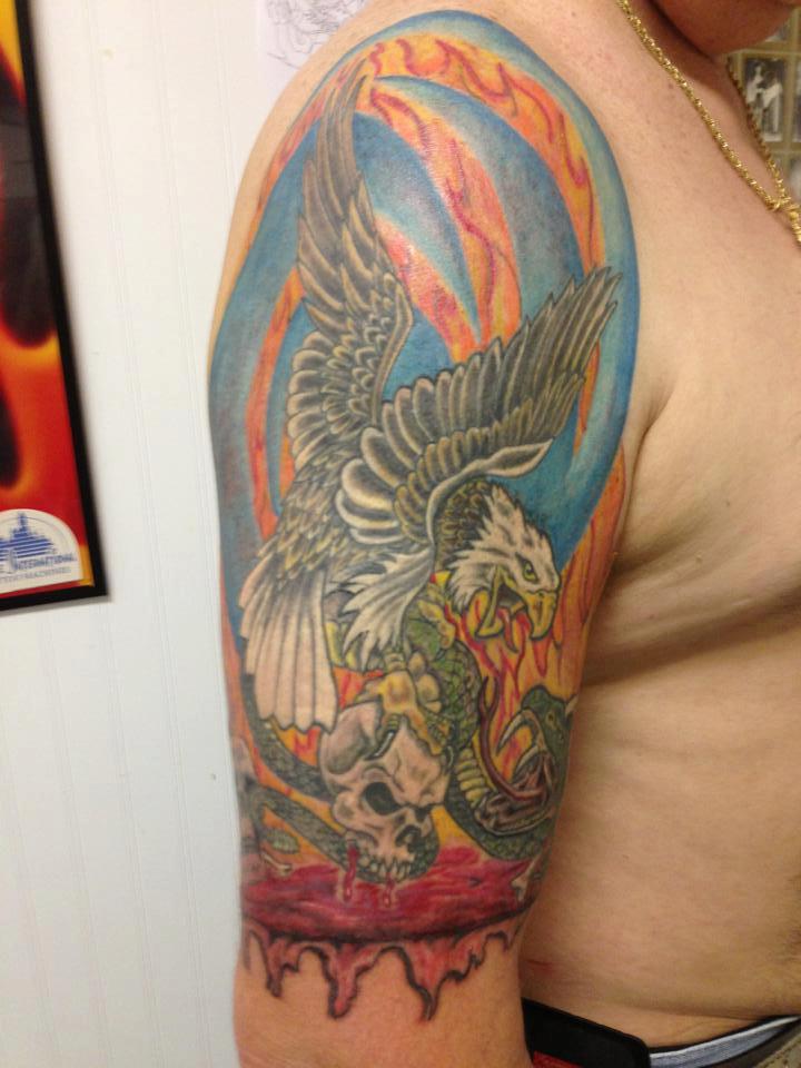 Colorful Eagle And Snake Tattoo On Half Sleeve