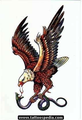 Colorful Flying Bald Eagle And Snake Tattoo Design