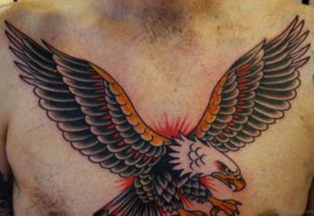 Colorful Flying Bald Eagle Tattoo On Chest For Men