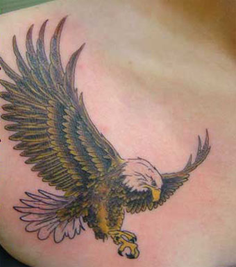 Colorful Flying Bald Eagle Tattoo On Front Shoulder