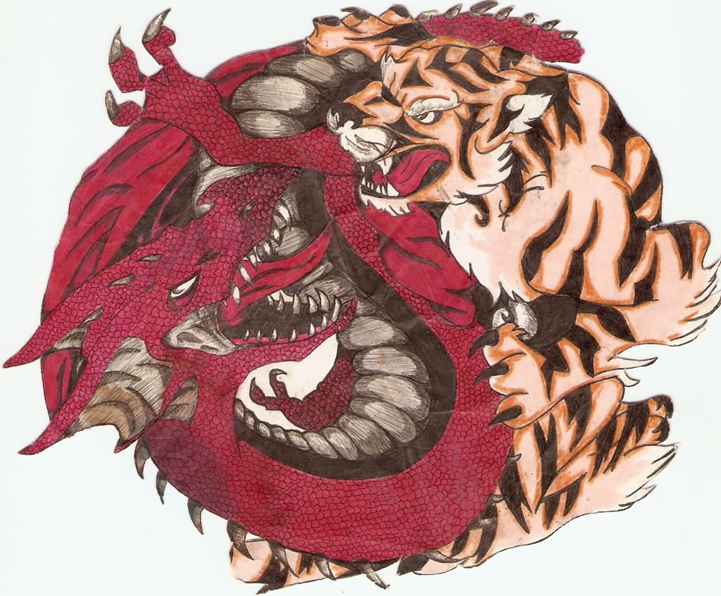 Colorful Japanese Tiger & Dragon Tattoo Design 1