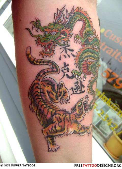 Colorful Japanese Tiger & Dragon Tattoo On Forearm