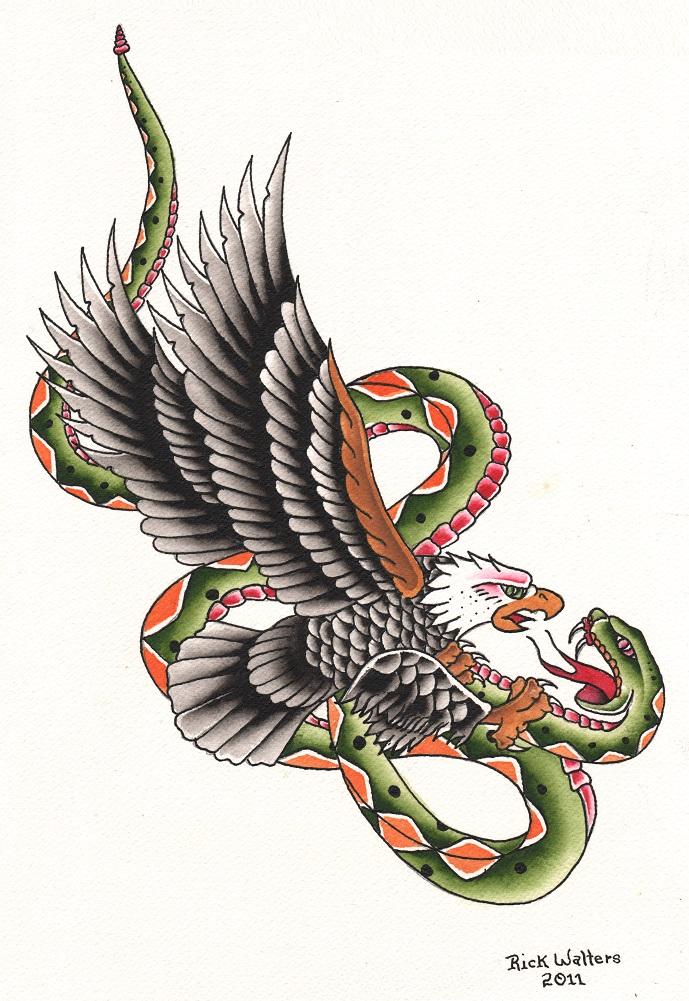 Colorful Realistic Eagle & Snake Tattoo Design By Rick Walters
