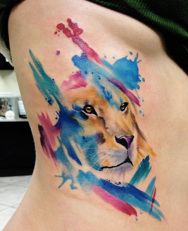 Colorful Tiger Head Tattoo On Girl Siderib