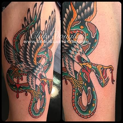 Colorful Traditional Eagle & Snake Tattoo on Thigh By Chip Douglas