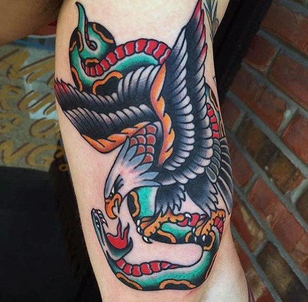 Cool Traditional American Bald Eagle & Snake Tattoo On Male Bicep