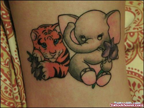 Cute Baby Tiger & Baby Elephant Tattoo Design