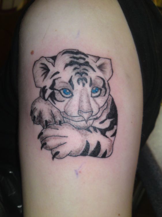 Cute Blue Eyed White Baby Snow Tiger Tattoo On Half Sleeve