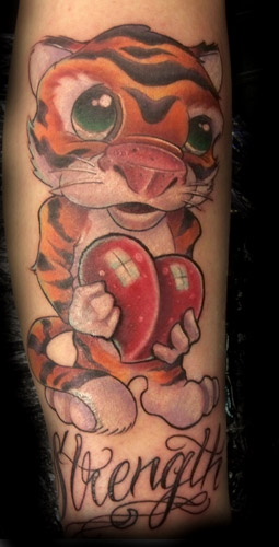 Cute Colorful Animated Baby Tiger Tattoo On Arm