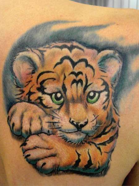 Cute Colorful Baby Tiger Tattoo Design On Back Shoulder