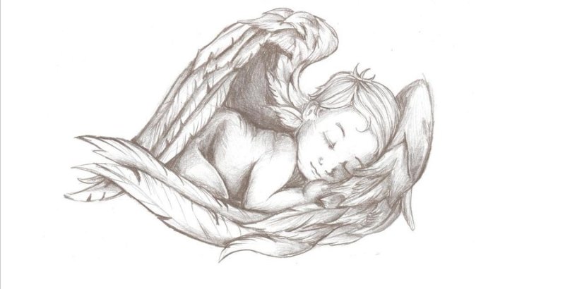 Cute Grey Ink Baby Angel Sleeping In Wings Tattoo Design