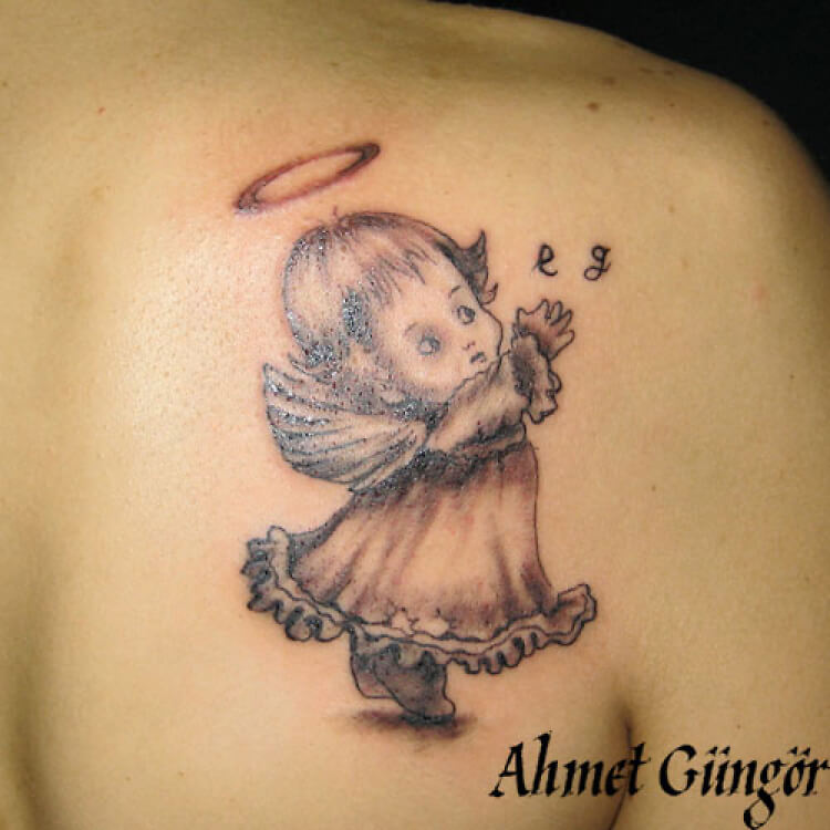 Cute Little Girl Cherub Tattoo On Back Shoulder