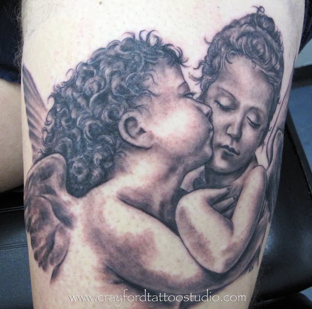 Cute Little Kissing Cherub Tattoo Design