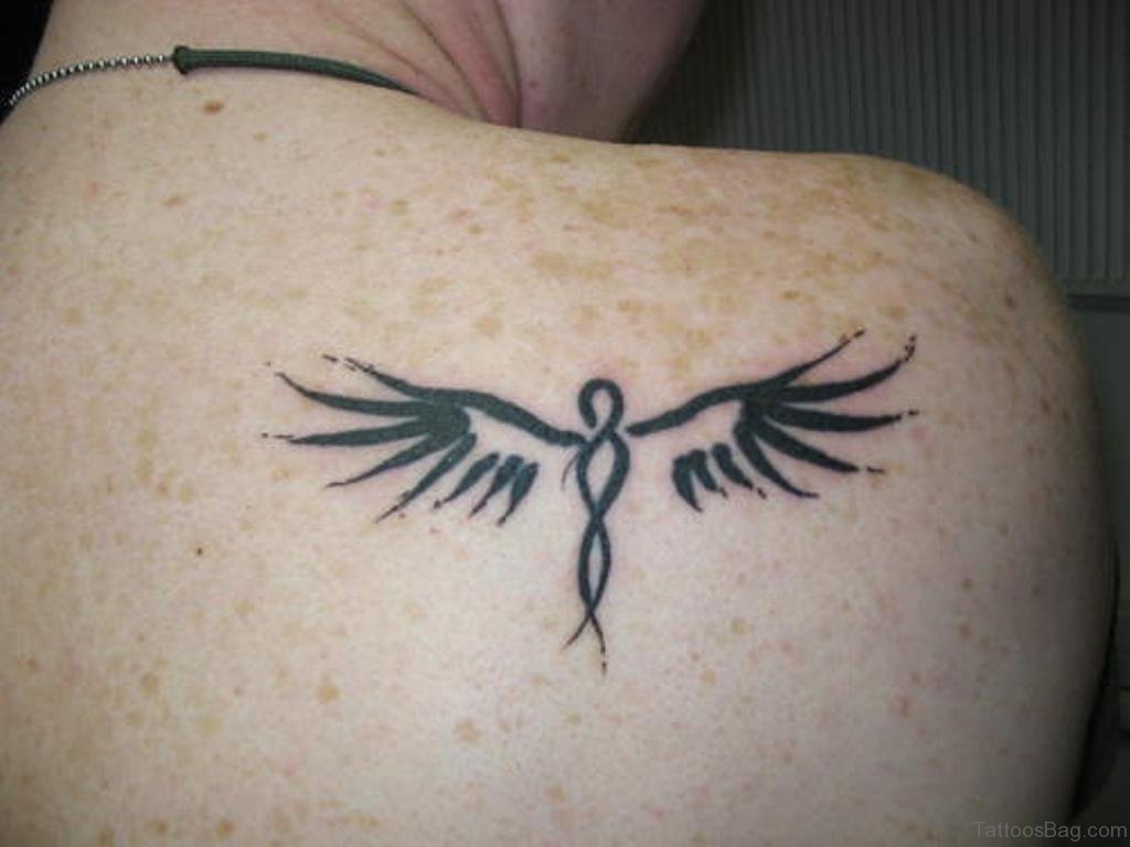 Cute Small Black Outline Angel Tattoo On Girl Back Shoulder