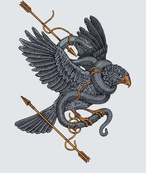 Dark Grey Ink Unique Snake & Flying Eagle Tattoo Design With Golden Arrows