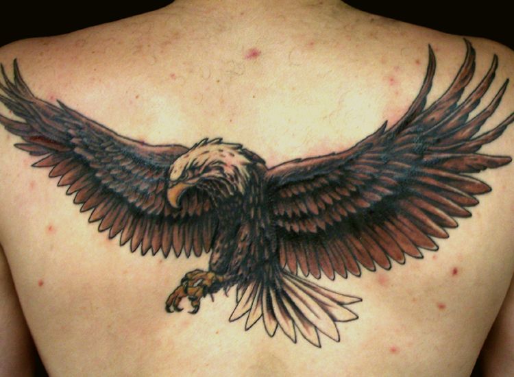 Dark Realistic Flying Bald Eagle Tattoo On Back