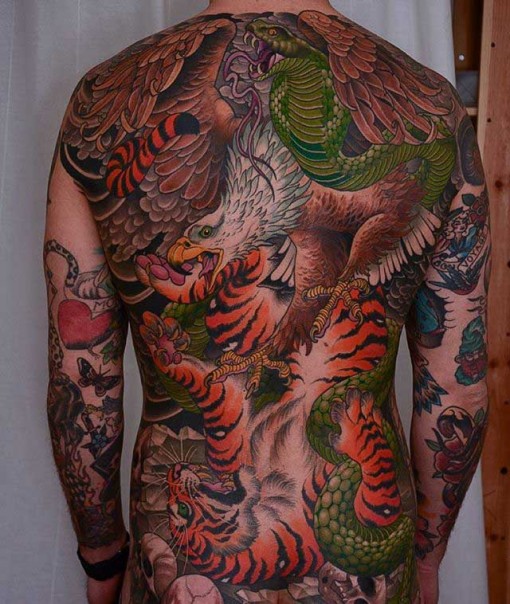 Eagle, Snake & Tiger Tattoo On Full Back