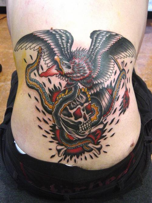 Eagle & Snake With Skull Tattoo On Back