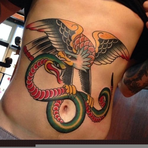 Eagle Vs Snake Traditional Tattoo On Stomach