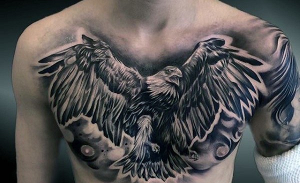 Excellent Black & White Flying Eagle Tattoo On Chest For Men
