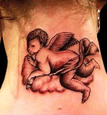 Flying Cherub Tattoo On Girl Back Neck