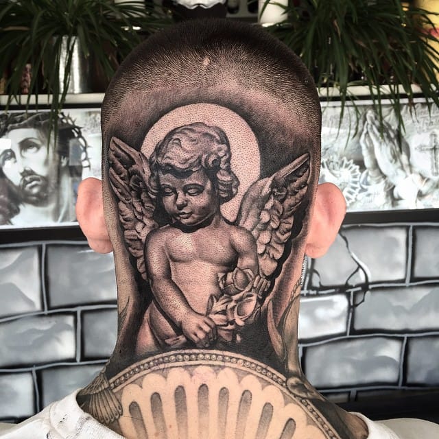 Grey Ink Cute Angelic Cherub Tattoo On Neck & Back Head
