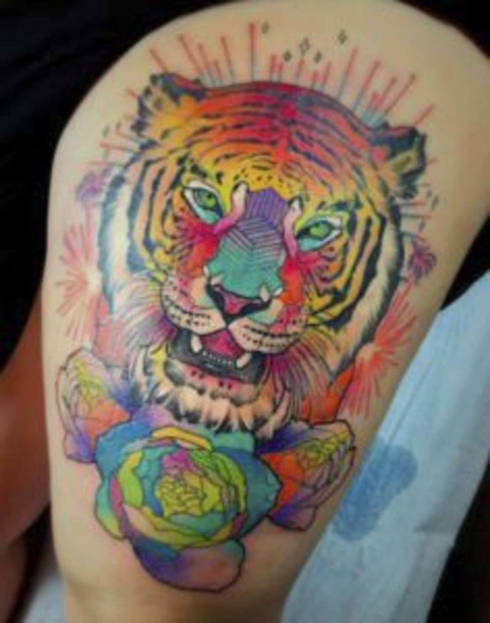 Girly Colorful Tiger Tattoo On Thigh