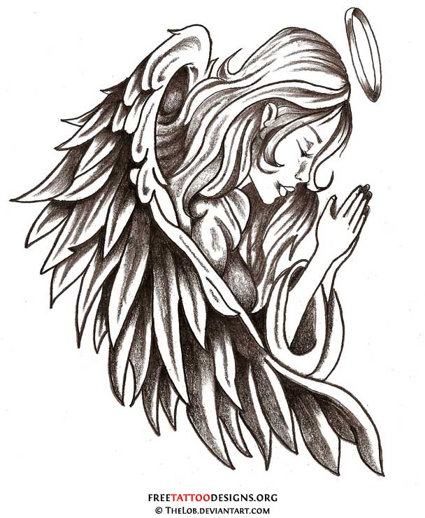 Gray Ink Praying Guardian Angel With Halo Tattoo Design