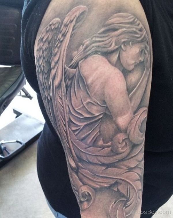 Grey Ink 3D Guardian Angel Tattoo On Full Sleeve