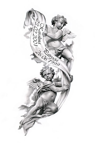Grey Ink 3D Two Baby Angels With Banner Memorial Tattoo Design