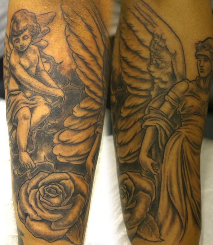 Grey Ink Angel & Cherub Tattoo On Forearm