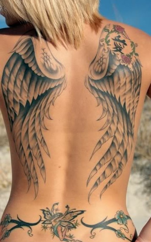 Grey Ink Angel Wings With Floral Composition Tattoo On Girl Back
