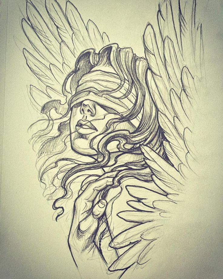 Grey Ink Angel With Blindfold Eyes Tattoo Design
