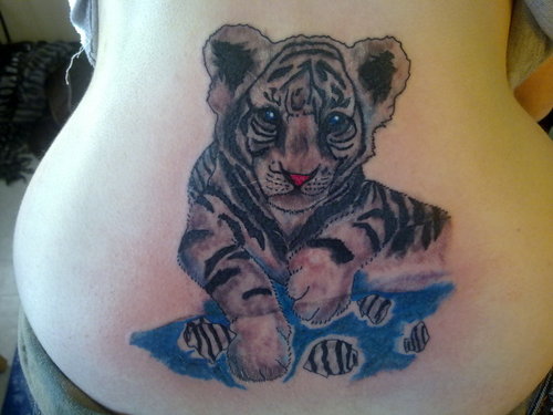 Grey Ink Baby Snow Tiger Tattoo On Back