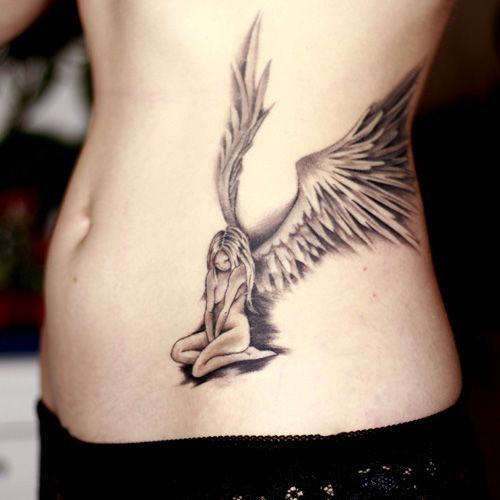 Grey Ink Beautiful Angel Tattoo Design On Hip For Girl