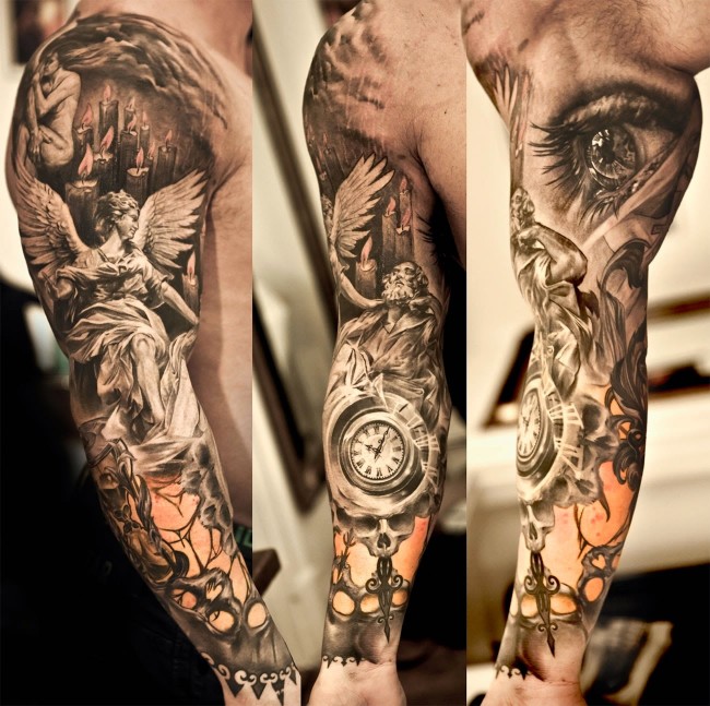 Grey Ink Beautiful Feminine Angel Tattoo on Man Full Sleeve