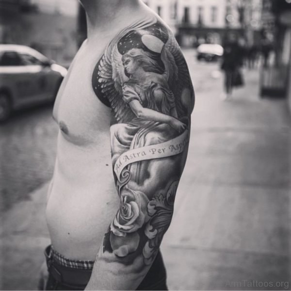 Grey Ink Cute Guardian Angel Tattoo With Roses on Men Full Sleeve