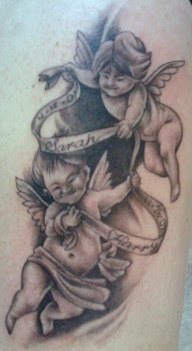 Grey Ink Cute Playing Baby Angels Tattoo Design