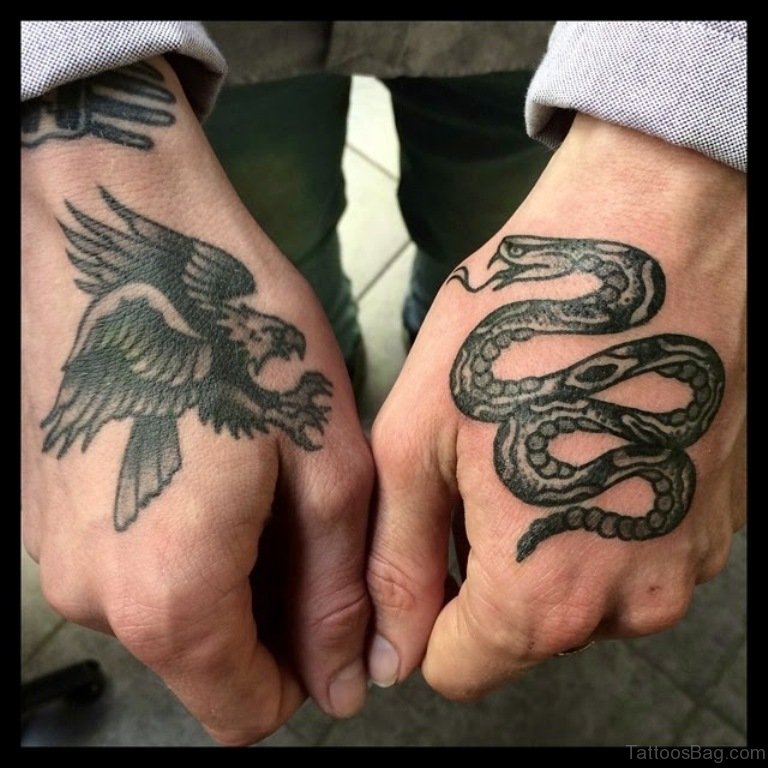 Grey Ink Dark Eagle & Snake Tattoo On Different Hands