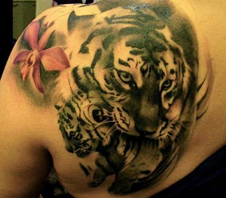 Grey Ink Dark Tigress Holding Baby Tiger In Mouth Tattoo On Girl Back Shoulder Represents Mother’s Love For Child