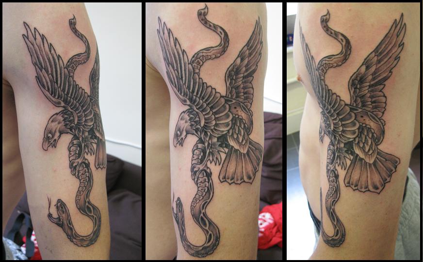 Grey Ink Eagle & Snake Tattoo On Half Sleeve