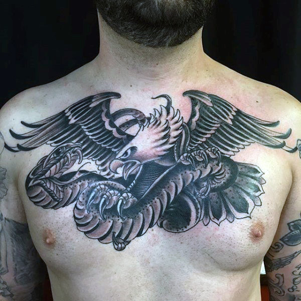 Grey Ink Eagle Vs. Snake Tattoo On Chest For Men