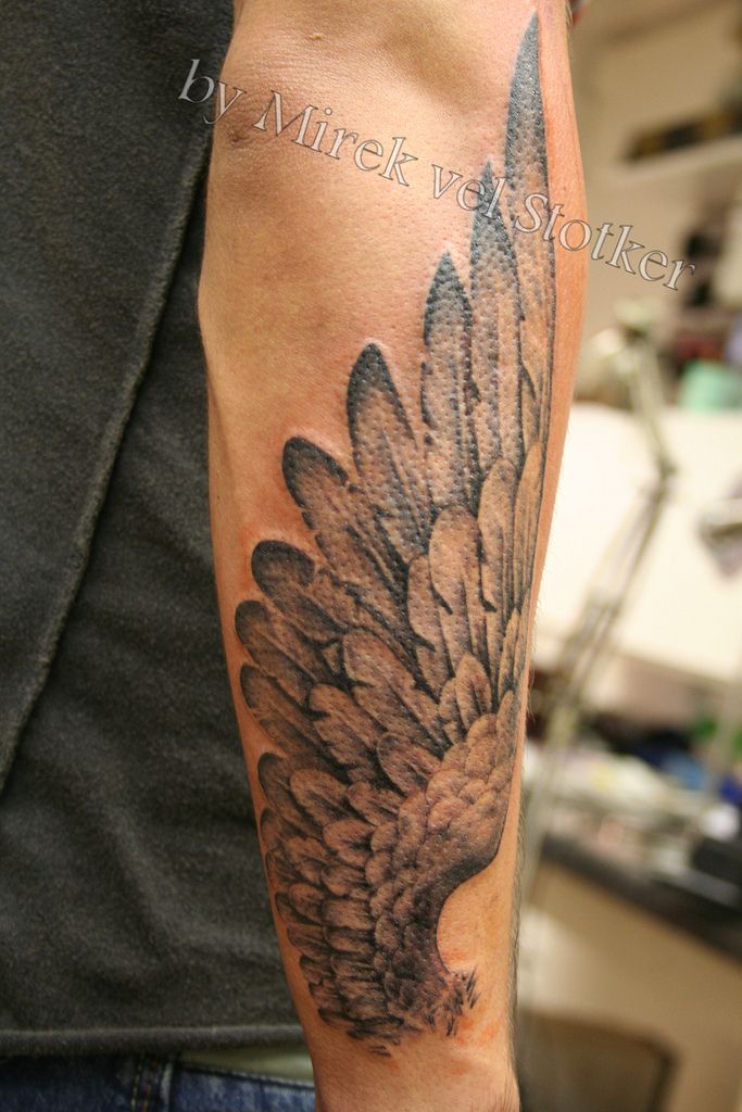 Grey Ink Eagle Wing Tattoo On Forearm by Mirek Vel Stotker