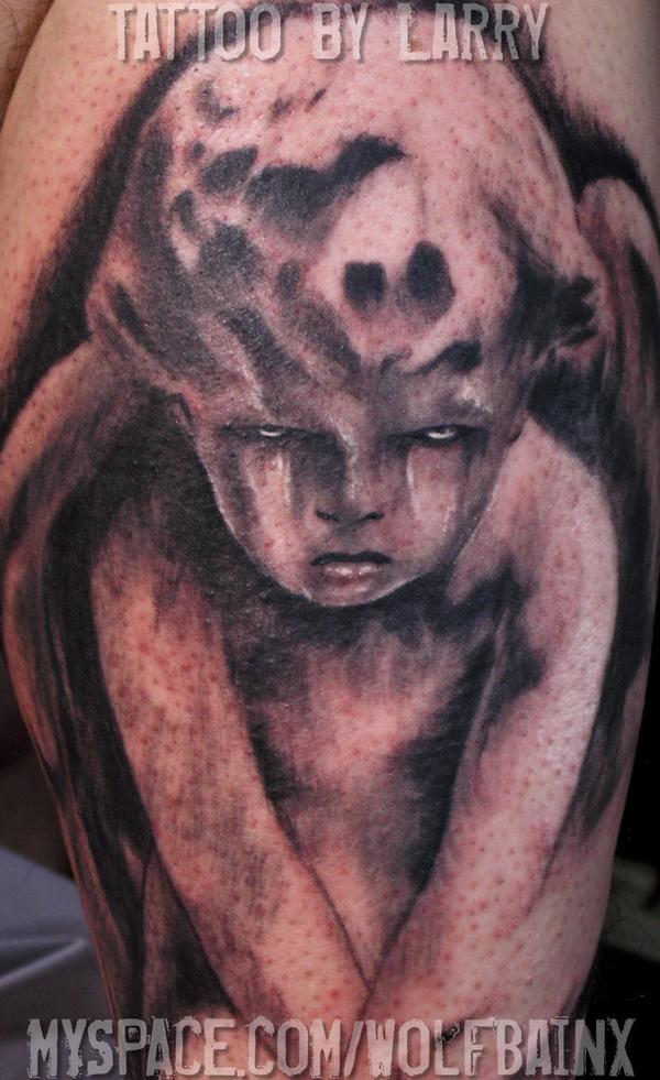 Grey Ink Evil Cherub Tattoo By Wolfbainx on DeviantArt