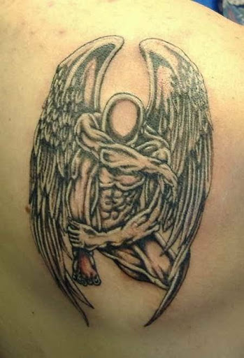 Grey Ink Fallen Angel Tattoo On Back Shoulder