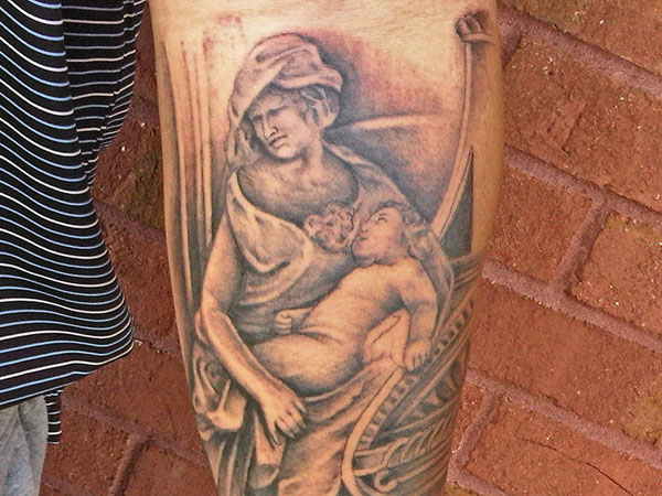 Grey Ink Father Angel With Cherub Tattoo On Forearm