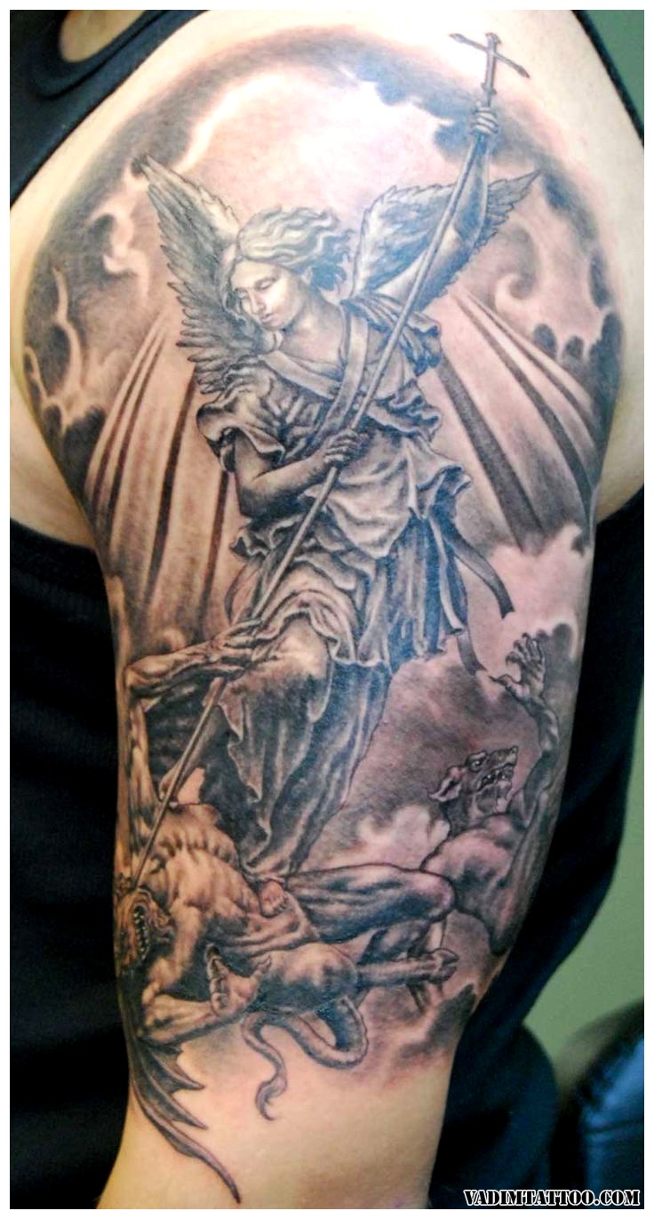 Grey Ink Female Archangel Fighting With Evil Tattoo On Half Sleeve For Men