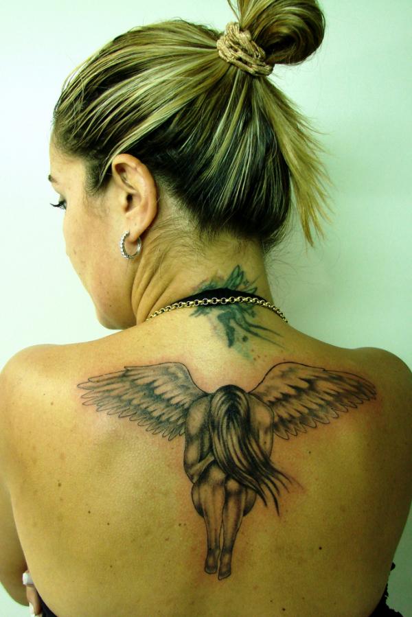 Grey Ink Female Guardian Angel Tattoo On Girl Back